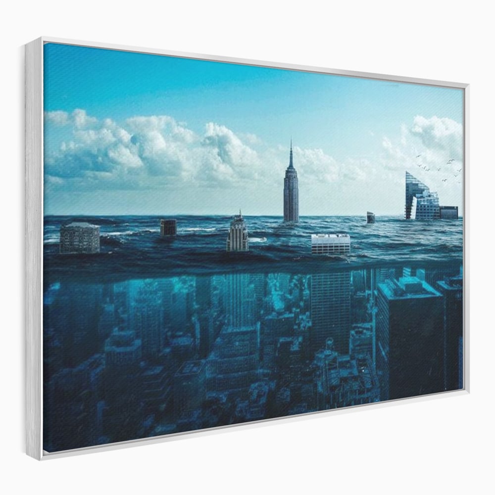 Tablou canvas cu ilustratie digitala cu oras scufundat in ocean, in rama de aluminiu argintiu